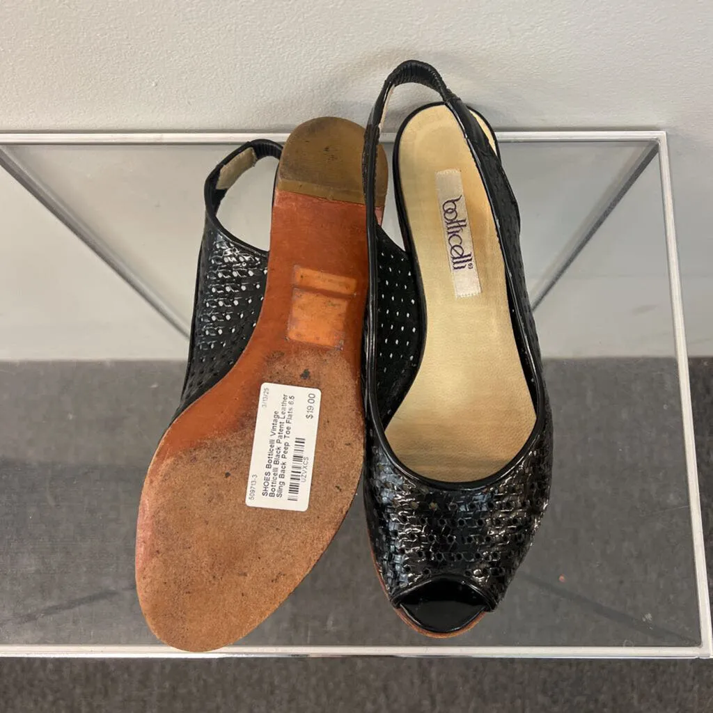 Vintage Botticelli Black Patent Leather Sling Back Peep Toe Flats 6.5