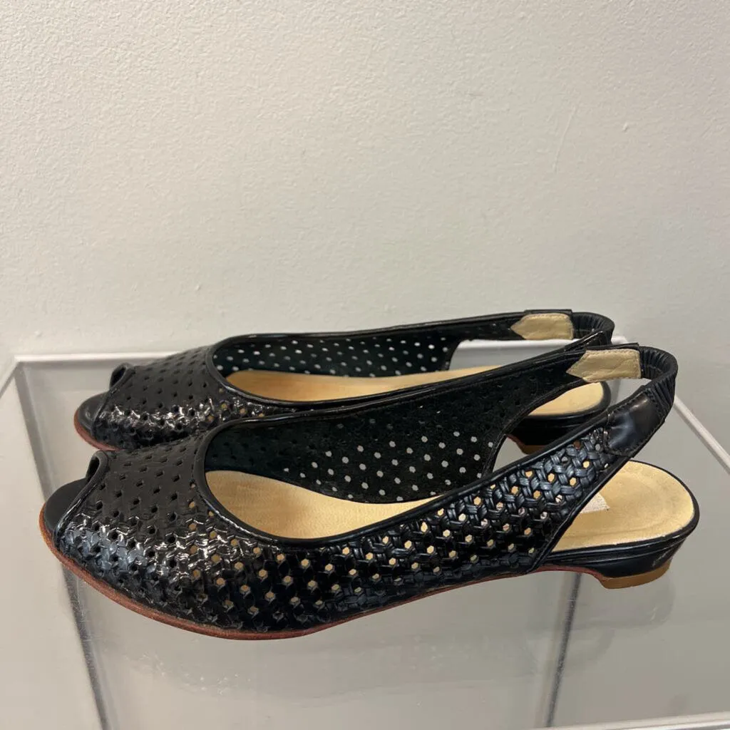 Vintage Botticelli Black Patent Leather Sling Back Peep Toe Flats 6.5