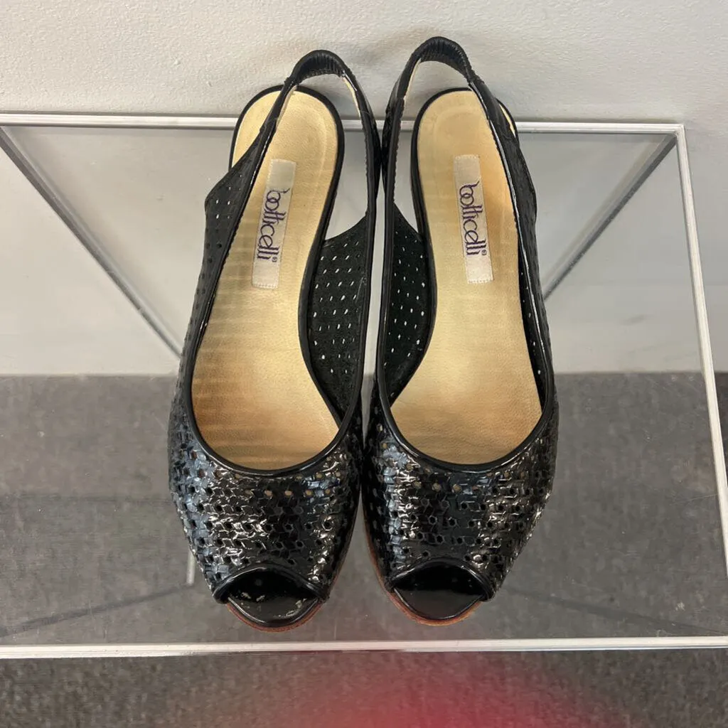 Vintage Botticelli Black Patent Leather Sling Back Peep Toe Flats 6.5