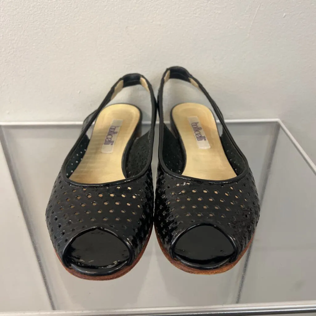 Vintage Botticelli Black Patent Leather Sling Back Peep Toe Flats 6.5