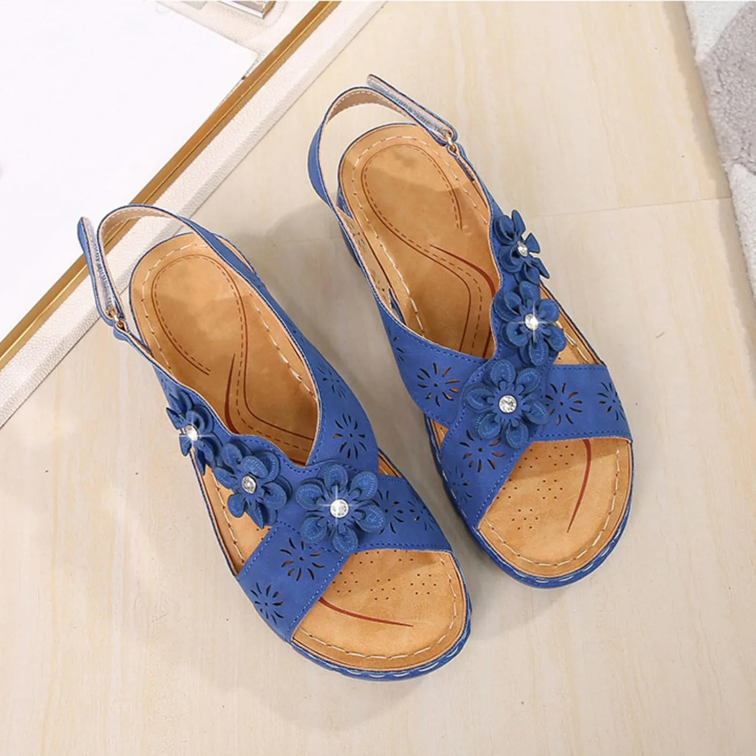 Women Comfortable Sandals Non Slip Orthopedic Walking Sandals Comfort Soft Cushion Low Wedge Sandal with Adjustable Buckle Ankle Strap Fashion Cross Strap Flower Jeweled Shoes