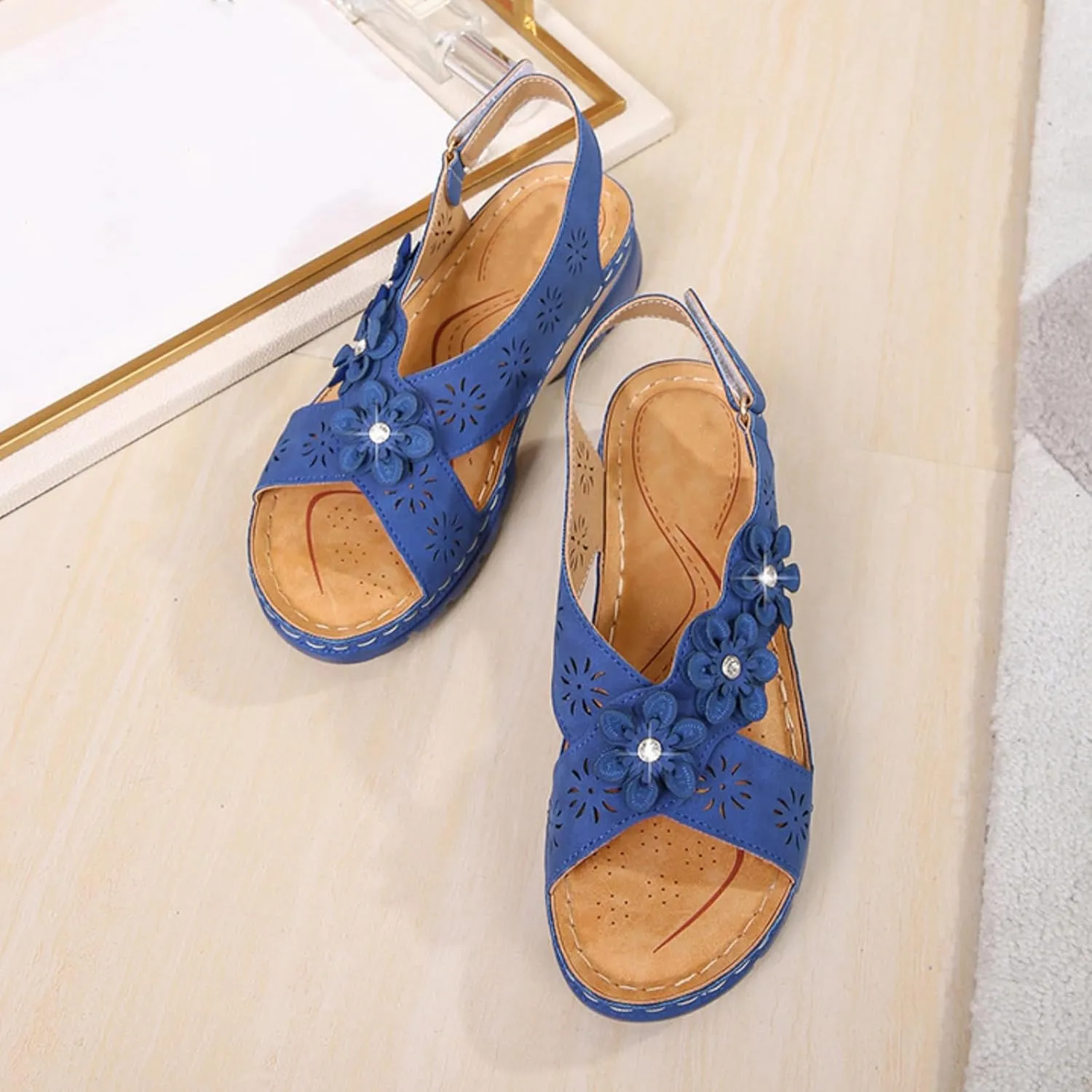 Women Comfortable Sandals Non Slip Orthopedic Walking Sandals Comfort Soft Cushion Low Wedge Sandal with Adjustable Buckle Ankle Strap Fashion Cross Strap Flower Jeweled Shoes