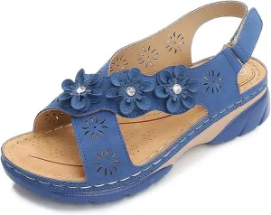 Women Comfortable Sandals Non Slip Orthopedic Walking Sandals Comfort Soft Cushion Low Wedge Sandal with Adjustable Buckle Ankle Strap Fashion Cross Strap Flower Jeweled Shoes