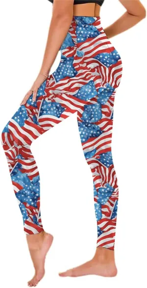Womens High Waist American Flag Leggings Cute Slim Fit Yoga Sport Active Pants Stripes Patriotic Tights