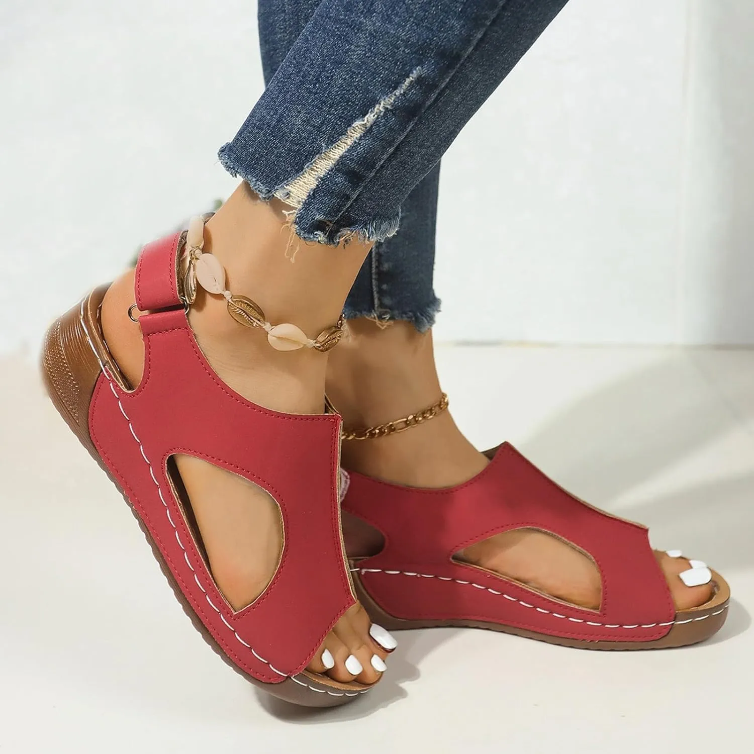 Womens Sandals Wedge Comfortable Orthopedic Slip On Beach Sandals Open Toe Lightweight Yoga Ma Shoes and Hook and Loop Closure Ankle Strap Available Shoes with Arch Support